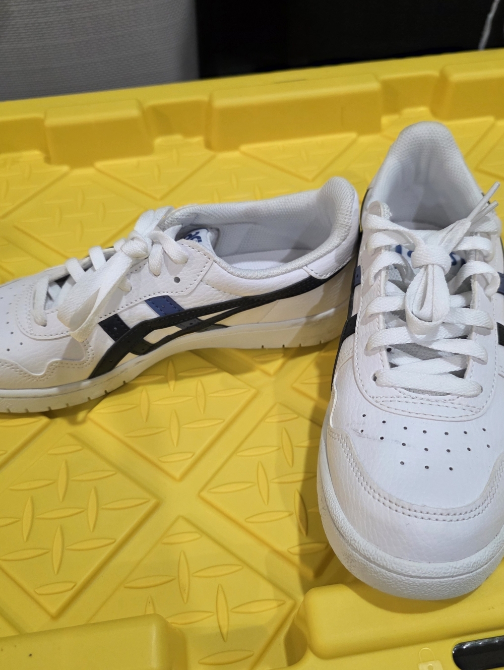Asics Kids White Sneakers with Navy and Black Stripes